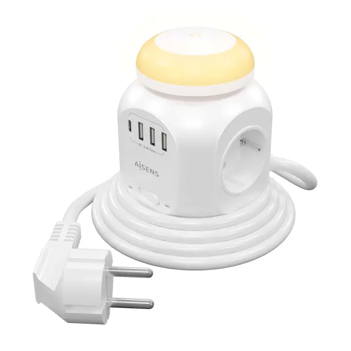 Regleta de Enchufes Sobremesa Multifuncion con 4 Tomas + 1XUSB-C, 3XUSB-A, Luz Nocturna, 1.8M, Blanco