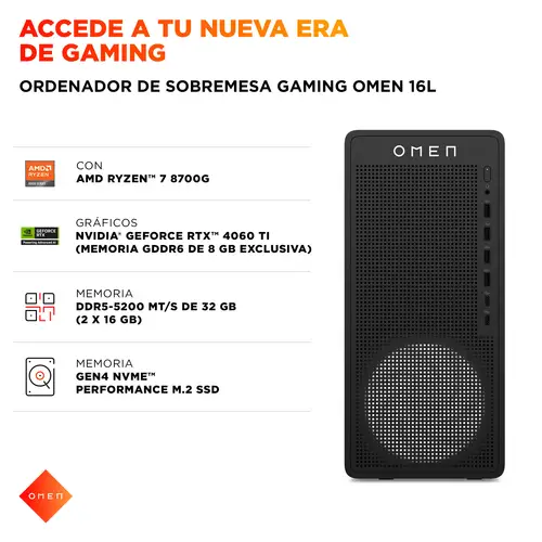 OMEN 16L Gaming Desktop PC TG03-0090ns PC AMD Ryzen 5 16 GB DDR5-SDRAM 1 TB SSD NVIDIA GeForce RTX 5060 Windows 11 Home Torre Negro - Imagen 8