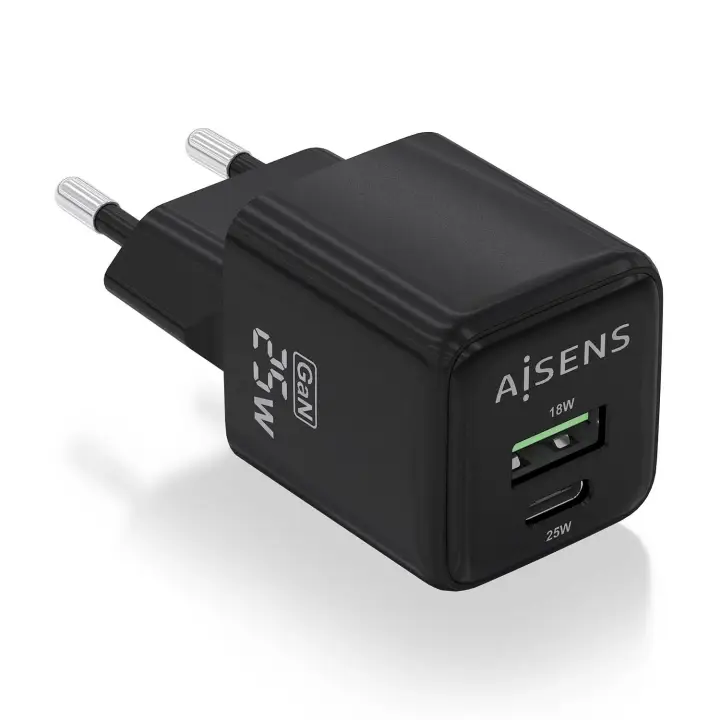 Cargador GaN 25W, 1xUSB-C PD3.0 QC4.0, 1xUSB-A QC3.0, Negro