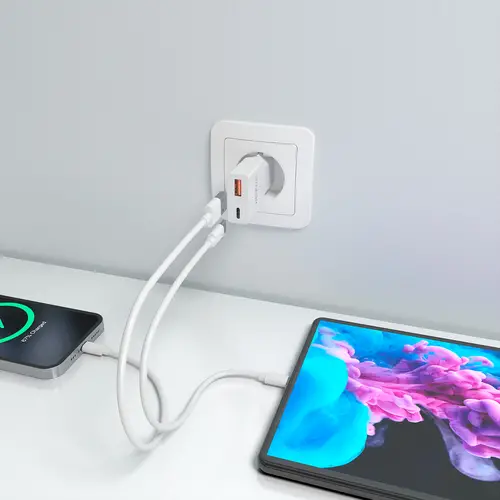 Cargador Ultra Delgado GaN 30W, 1xUSB-C PD3.0 QC4.0, 1xUSB-A QC3.0, Blanco - Imagen 6