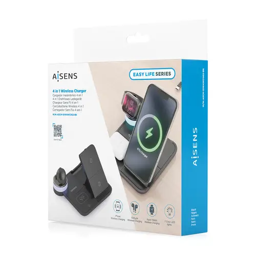 AISENS Cargador Inalambrico USB C 4 en 1 De 15W Para Movil  Apple Watch  Auriculares Con Estuche De Carga  Negro - Imagen 8
