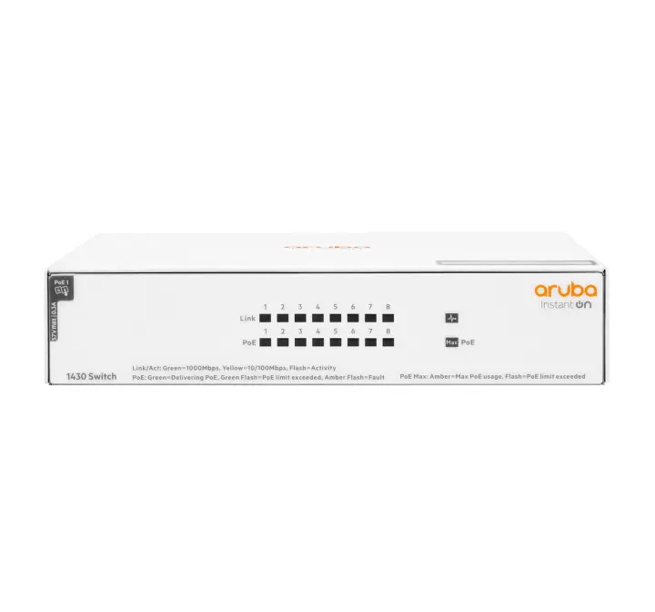 Aruba Networking Aruba Instant On 1430 8G Class4 PoE 64W No administrado L2 Gigabit Ethernet (10/100/1000) Energía sobre Ethernet (PoE) Blanco