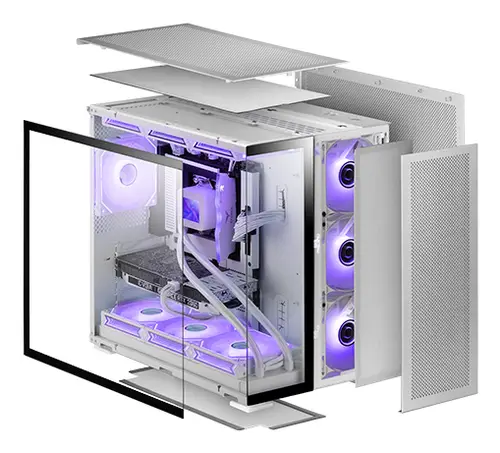 MC-NOVA2, Caja Gaming Custom XXL E-ATX, Doble Cristal Templado Continuo Sin Marco, Soporte Completo Refrigeración Líquida, Aluminio Aeroespacial 2mm, Torre PC de Doble Cámara, USB-C, Blanco - Imagen 3
