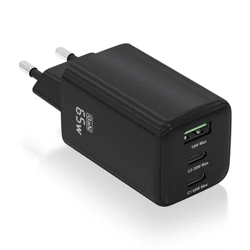 Cargador Gan 65W, 2xUSB-C PD3.0 QC4.0, 1xUSB-A QC3.0, Negro - Imagen 1