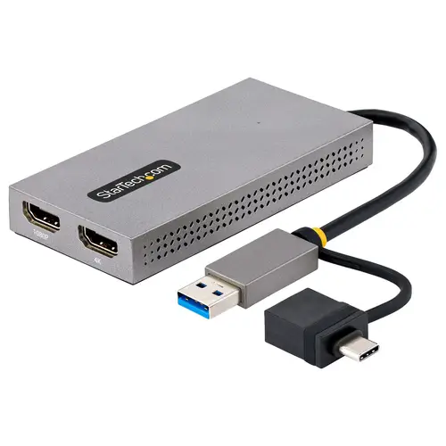 Adaptador de USB a HDMI Doble, USB A/C a 2 Pantallas HDMI (1x 4K30Hz, 1x 1080p), Dongle Integrado USB-A a C, Cable de 11cm, Adaptador USB 3.0 a HDMI, Windows y macOS - Imagen 1
