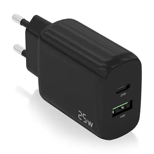 Cargador 25W, 1xUSB-C PD3.0, 1xUSB-A QC3.0, Negro - Imagen 1
