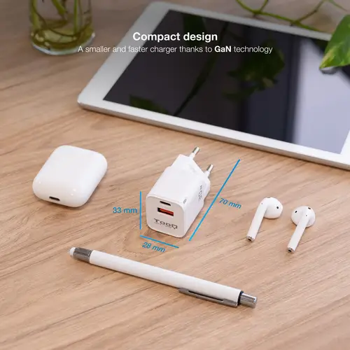 Cargador de Pared GaN USB-C/PD + USB-A/QC 30W, Blanco - Imagen 3