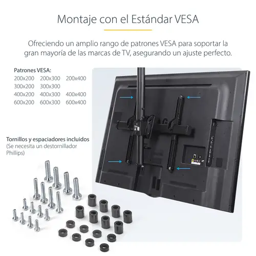 Soporte de Techo para 2 TV - Soporte de Cielo Raso para 2 TV de Espalda a Espalda con Mástil Telescópico Ajustable - Giro Inclinación y Rotación - Soporte VESA para Pantallas de 32" a 75" - Imagen 14