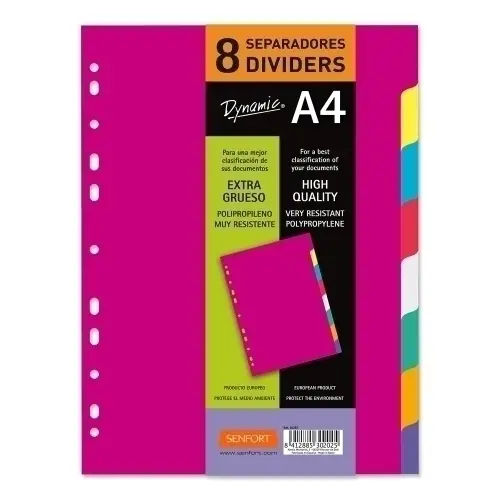 SENFORT JUEGO 8 SEPARADORES A4 PP RÍGIDO DYNAMIC C/SURTIDOS
