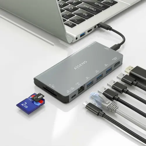 USB-C Dock 8 en 1, USB-C a 1xHDMI, 1xRJ45, 3xUSB-A, 1xUSB-C Datos+PD, 1xSD, 1xMicro SD, Gris, 10 cm - Imagen 6