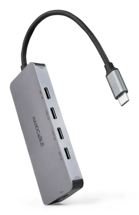 Hub USB-C macho a 4 x USB-C hembra + USB-C PD 100W, Aluminio 10 cm, Gris