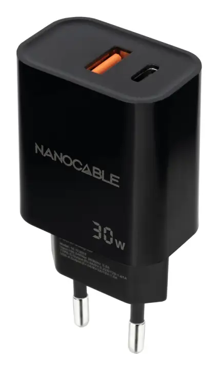 Cargador USB-C/PD + USB-A/QC 30W, Negro