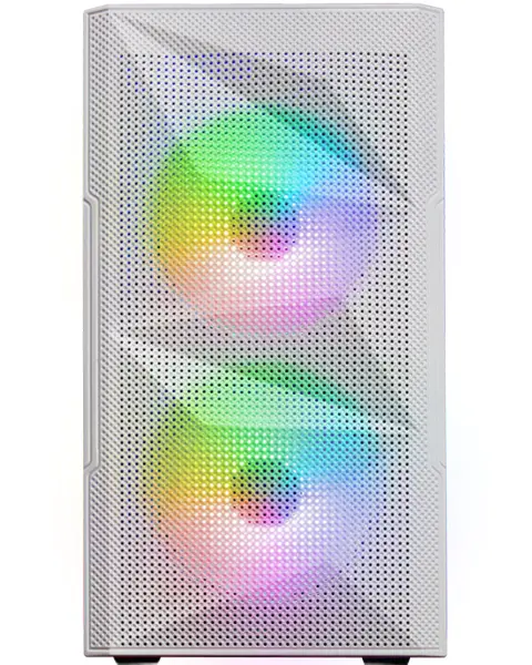 MC-ME Blanco, Caja Gaming Compacta MicroATX, Ventana Lateral Completa Cristal Templado, Diseño Frontal Total-Mesh Geométrico, 2X Ventiladores FRGB 120mm