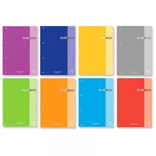 RECAMBIO XBLOCK DIN A4 TAPA CARTÓN 4 TALADROS 80 HOJAS PAPEL 90GRS. CUADRICULA 5X5 + GRECA 8 COL. SURTIDOS PACSA 21164