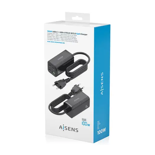 Cargador Sobremesa GaN 100W, 3x USB-C PD3.0 QC4.0 QC5.0, 1x USB-A QC3.0, Negro - Imagen 7