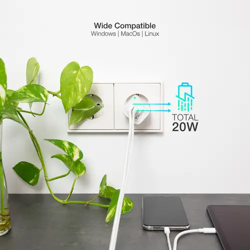 Cargador de Pared USB-C/PD + USB-A/QC 20W, Blanco - Imagen 5