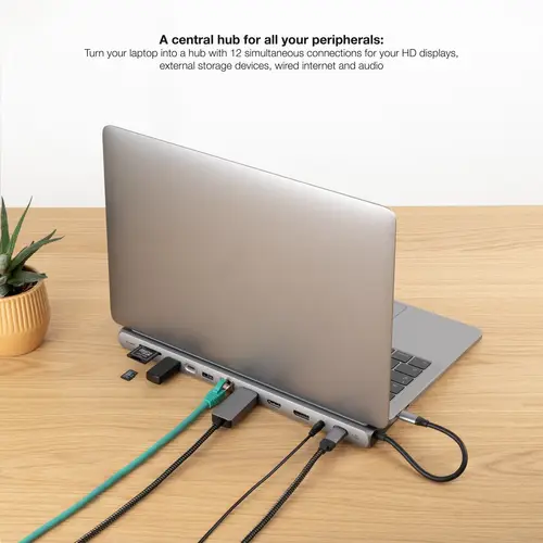 HUB USB-C 12 en 1, Conversor USB-C 3.1 a 3xUSB-A 3.0 + USB-C 3.0 + USB-C PD 100W + 2xHDMI 4K60Hz + DP 4K60Hz + RJ45 1Gbps + SD/TF 3.0 + Audio Jack 3.5, Aluminio, Gris, 18 cm - Imagen 5