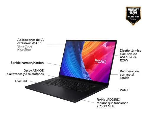 ProArt P16 OLED H7606WP-RJ079X Copilot+ PC - Ordenador Portátil 16" WQXGA+ 120Hz (AMD Ryzen AI 9 HX 370, 64GB RAM, 2TB SSD, NVIDIA RTX 5070 8GB, Windows 11 Pro) Negro Nano - Teclado QWERTY español - Imagen 3