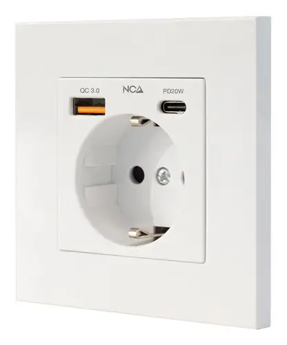 Base de enchufe de pared tipo schuko con 1xUSB-A QC 3.0 + 1xUSB-C PD - Max. 3.4A, Blanco - Imagen 1