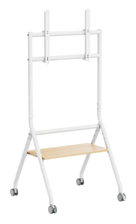 Soporte de suelo eco con rueda, 1 bandeja para pantalla interactiva/TV 80kg de 37-86, Blanco+Madera