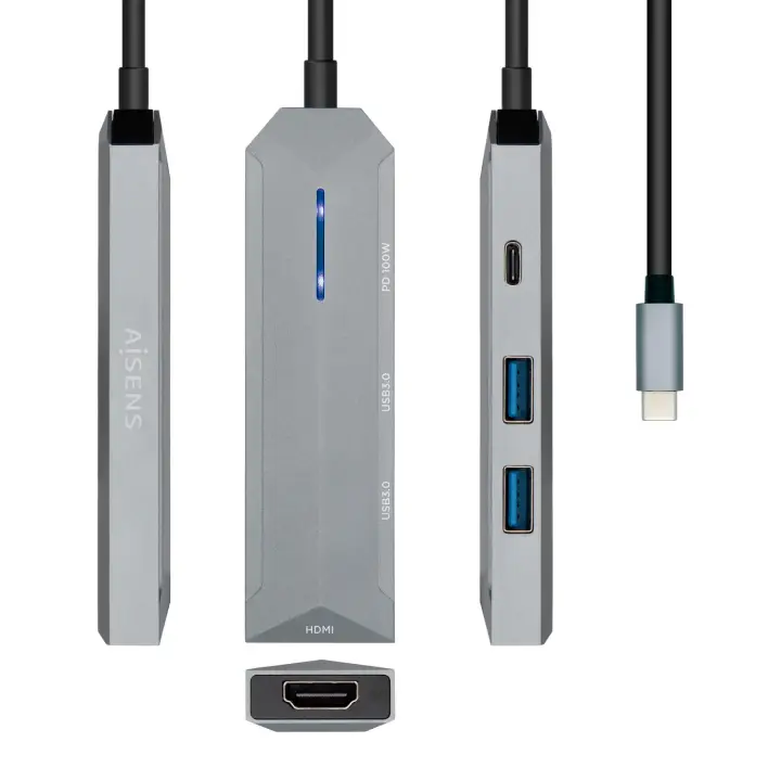 USB-C dock 4 en 1, USB-C a 1xHDMI, 2xUSB, 1xPD, Gris, 15 cm