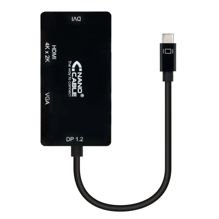 Conversor USB-C a VGA / DVI / H???, 3 En 1. USB-C/M-VGA/H-DVI/H-HDMI/H 4K, Negro, 10 cm
