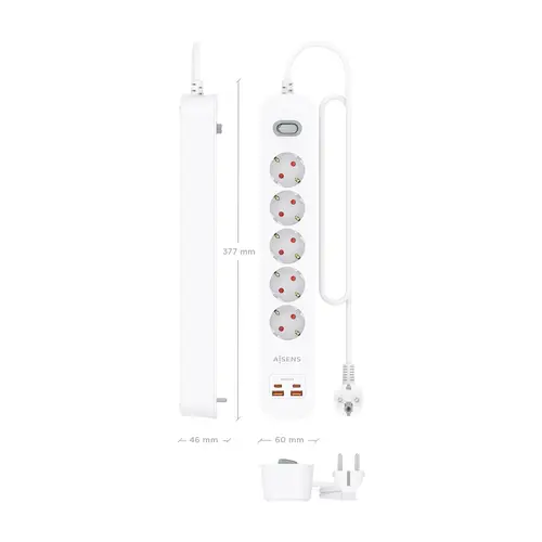 Regleta de Enchufes Multifuncion con 5 Tomas + Cargador PD3.0 20W 2xUSB-C, 2xUSB-A, 1.4m, Blanco - Imagen 4