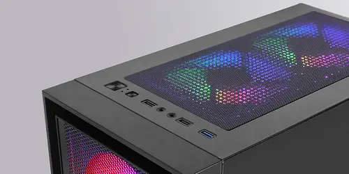 MC-AIR, Caja Gaming ATX, 4x Ventiladores FRGB Rainbow 120mm, Panel Frontal Mesh, Ventana Lateral Completa Cristal Templado, Semitorre PC Doble Cámara, Soporte Refrigeración Líquida, Negro - Imagen 3