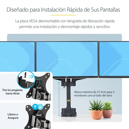 Soporte de Escritorio para 3 Monitores VESA 75x75/100x100 de 27 Pulgadas - Grommet o Abrazadera en C - Ajuste sin Herramientas - Brazo Asistido por Resorte - Imagen 18