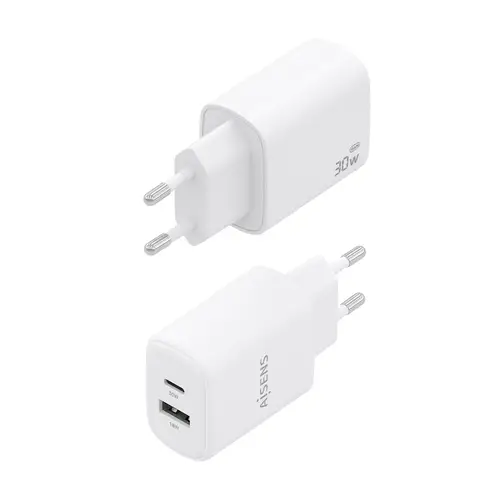 Cargador GaN 30W, 1xUSB-C PD3.0 QC4.0, 1xUSB-A QC3.0, Blanco - Imagen 3
