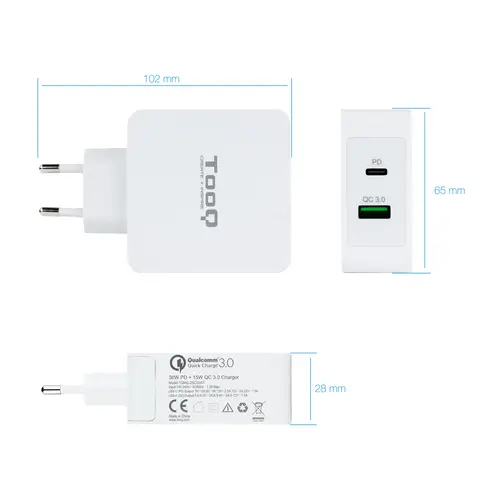 Cargador de Pared doble puerto USB-C PD + USB A QC3.0, 48W - Imagen 3