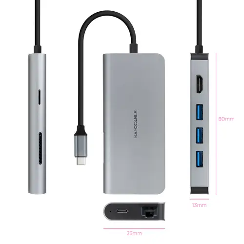 Hub USB-C 8 en 1, Conversor USB-C 3.1 a 3xUSB-A 3.0 + HDMI 4K@60Hz + USB-C PD + RJ45 1Gbps + TF + SD, Aluminio, Gris, 18 cm - Imagen 2