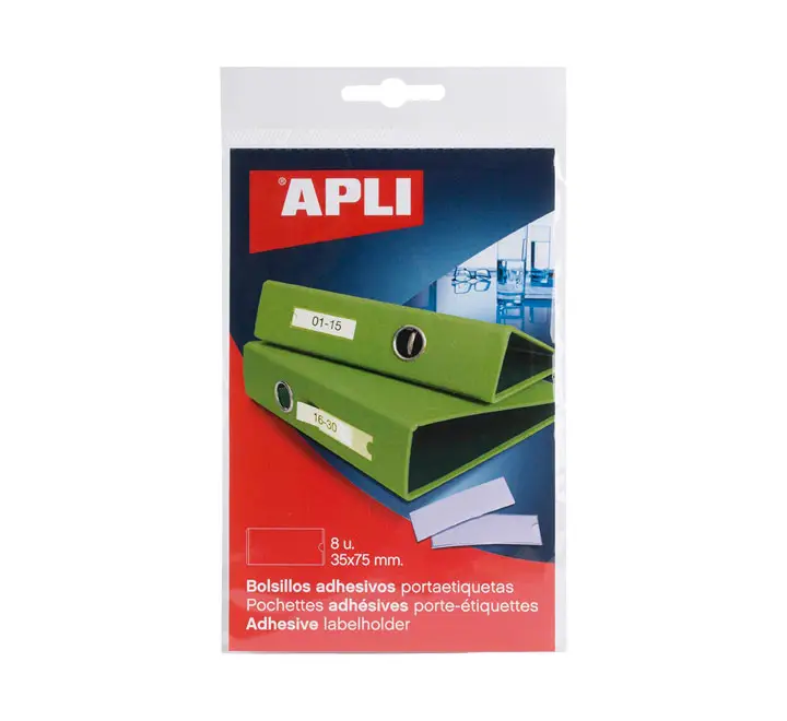 PACK 8 BOLSILLOS ETIQ. APLI ADH. TRANSP. 35X75MM