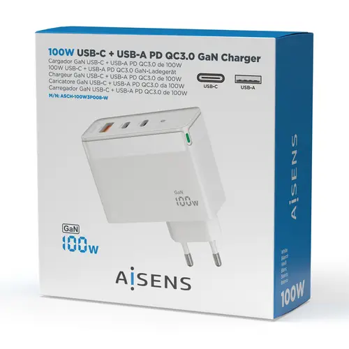 Cargador Gan 100W, 2xUSB-C PD3.0 QC4.0 QC5.0, 1xUSB-A QC3.0, Blanco - Imagen 4