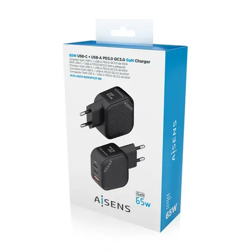Cargador GaN 65W, 2xUSB-C PD3.0 QC4.0, 1xUSB-A QC3.0, Negro - Imagen 6