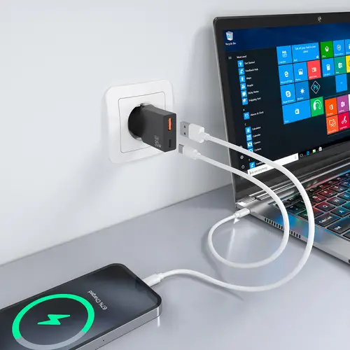 Cargador Ultra Delgado GaN 30W, 1xUSB-C PD3.0 QC4.0, 1xUSB-A QC3.0, Negro - Imagen 5