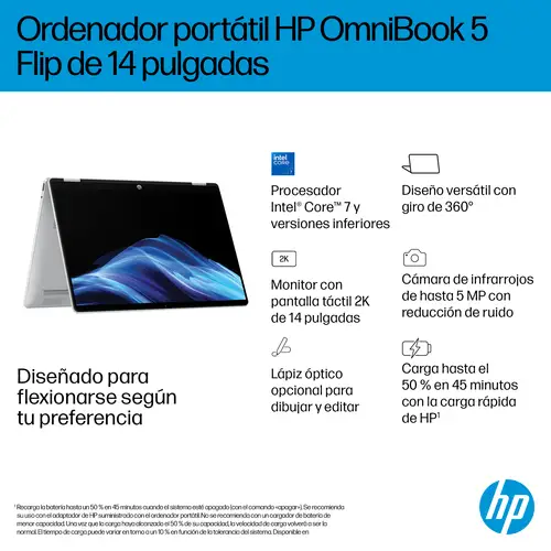 OmniBook 5 Flip 2-in-1 Laptop 14-fp0058ns Intel Core 7 150U 35,6 cm (14") Pantalla táctil 2K 16 GB LPDDR5-SDRAM Wi-Fi 6 (802.11ax) Windows 11 Home Plata - Imagen 12