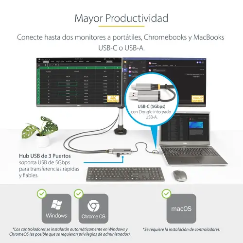 Adaptador Multipuertos USB-C - HDMI Doble (4K30Hz/1080p60Hz) - Hub Ladrón 3x USB-A - Mini Docking Station de Viajes - Docking Station USB Tipo C con Cable Integrado de 40cm - Imagen 8