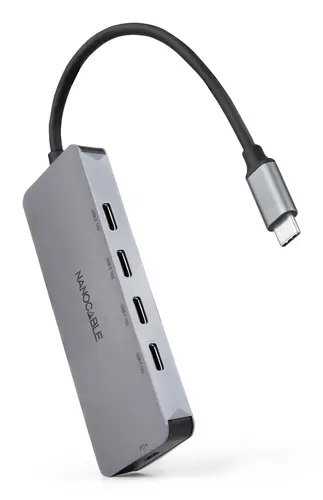 Hub USB-C macho a 4 x USB-C hembra + USB-C PD 100W, Aluminio 10 cm, Gris - Imagen 1