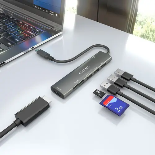 USB-C Dock 7 en 1, USB-C A, 1x HDMI, 2x USB-A USB2.0, 1x USB-A USB3.0, 1x USB-C PD 100W, 1x SD, 1x MicroSD, Gris, 15cm - Imagen 6