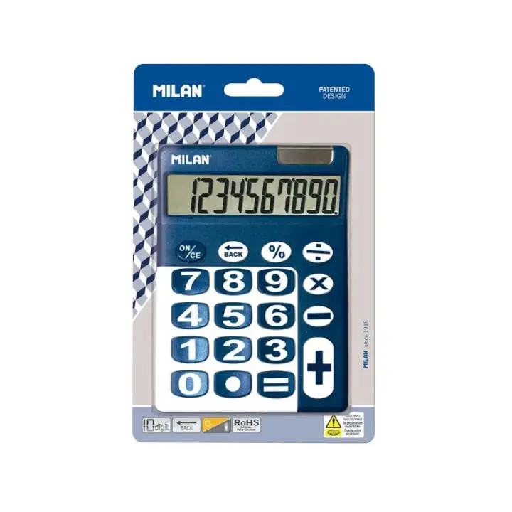 Blíster calculadora azul y blanco 10 dígitos con teclas grandes