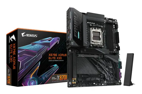 X870E AORUS ELITE X3D Placa Base  Compatible con procesadores AMD Ryzen 9000, VRM digital de 16+2+2 fases, hasta 9000 Hz DDR5 (OC), 2 x PCIe 5.0 + 2 x PCIe 4.0, Wi-Fi 7, LAN 5 GbE, USB 4 - Imagen 1