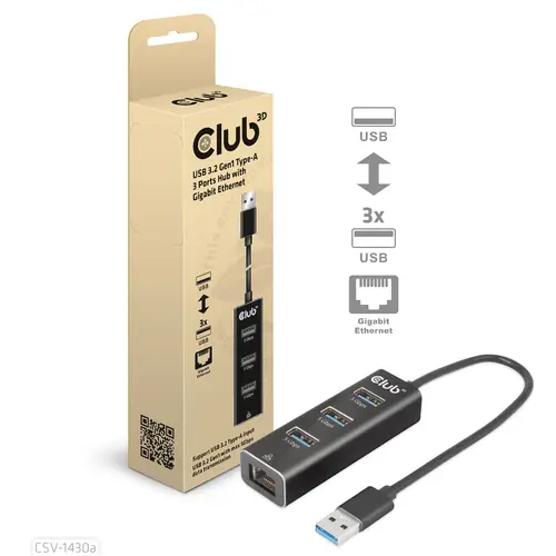 USB 3.2 Gen1 Tipo-A, Hub de 3 Puertos con Gigabit Ethernet - Imagen 1