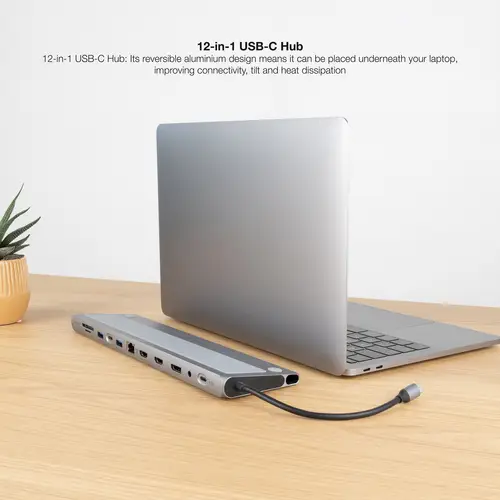 HUB USB-C 12 en 1, Conversor USB-C 3.1 a 3xUSB-A 3.0 + USB-C 3.0 + USB-C PD 100W + 2xHDMI 4K60Hz + DP 4K60Hz + RJ45 1Gbps + SD/TF 3.0 + Audio Jack 3.5, Aluminio, Gris, 18 cm - Imagen 3