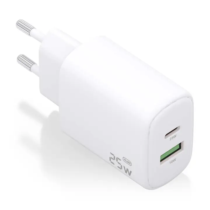 Cargador GaN 25W, 1xUSB-C PD3.0, 1xUSB-A QC3.0, Blanco