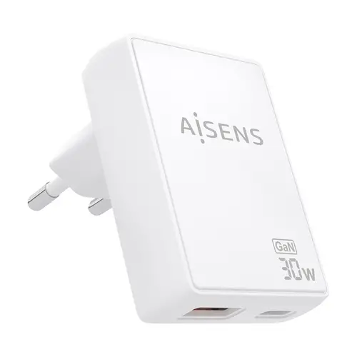 Cargador De Pared GaN Ultra Delgado 30W, 1xUSB-C PD3.0 QC4.0, 1xUSB-A QC3.0, Blanco - Imagen 1