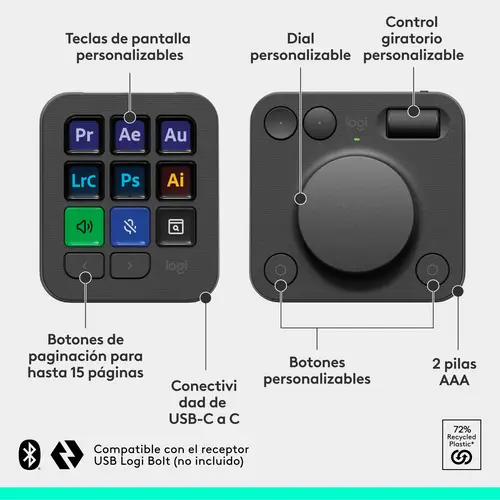 MX Creative Console, keypad programable con 9 teclas LCD personalizables y dial de control para diseño gráfico, edición de vídeo, fotografía, uso con Adobe, Zoom, Spotify, etc. Color Grafito - Imagen 7