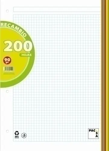 PACSA RECAMBIO DE COLORES SURTIDOS 4 TALADROS 200 HOJAS 5X5+GRECA A4