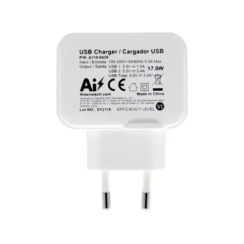 Cargador USB 17W 5V/3.4A, 2xUSB Con Control AI, Blanco - Imagen 4