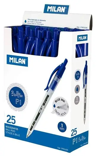 MILAN BOLÍGRAFO P1 CUERPO TRANSPARENTE AZUL -CAJA EXP 25U-